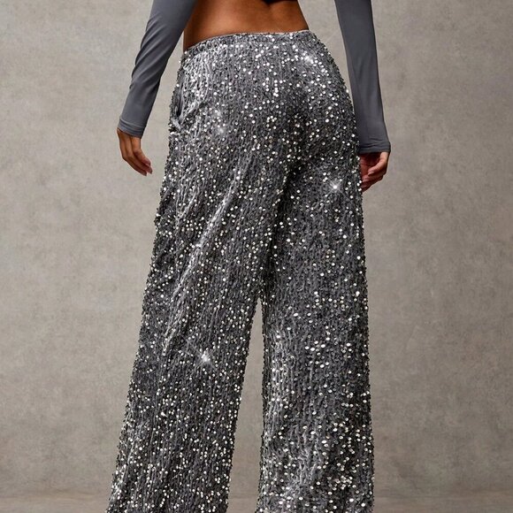 Dark Grey Party Women's Velvet Silver Sequin Drawstring Wide Leg Pants - Picture 2 of 6